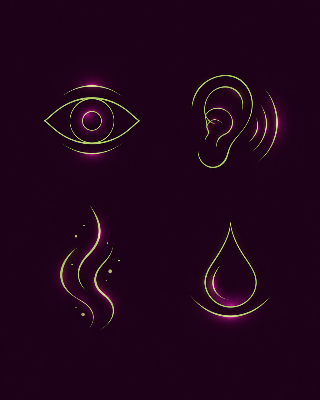 The outside four senses: sight, hearing, smell, taste